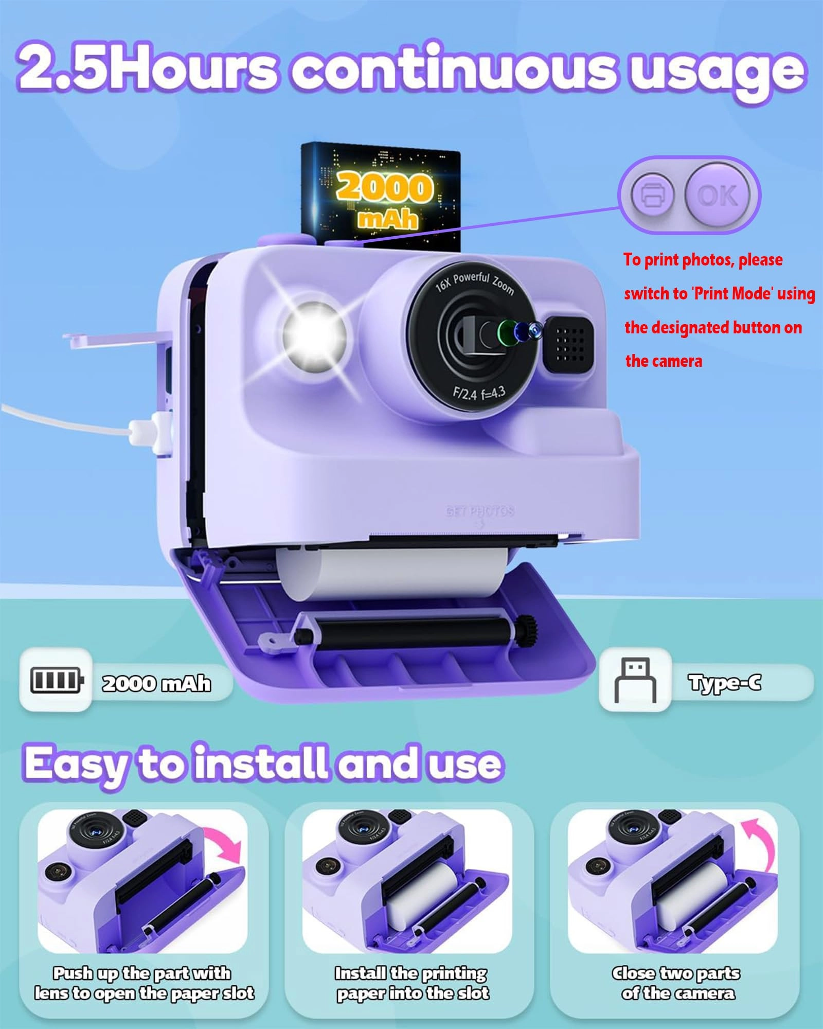 CA-01 - 2.4-inch Screen Instant Print Purple