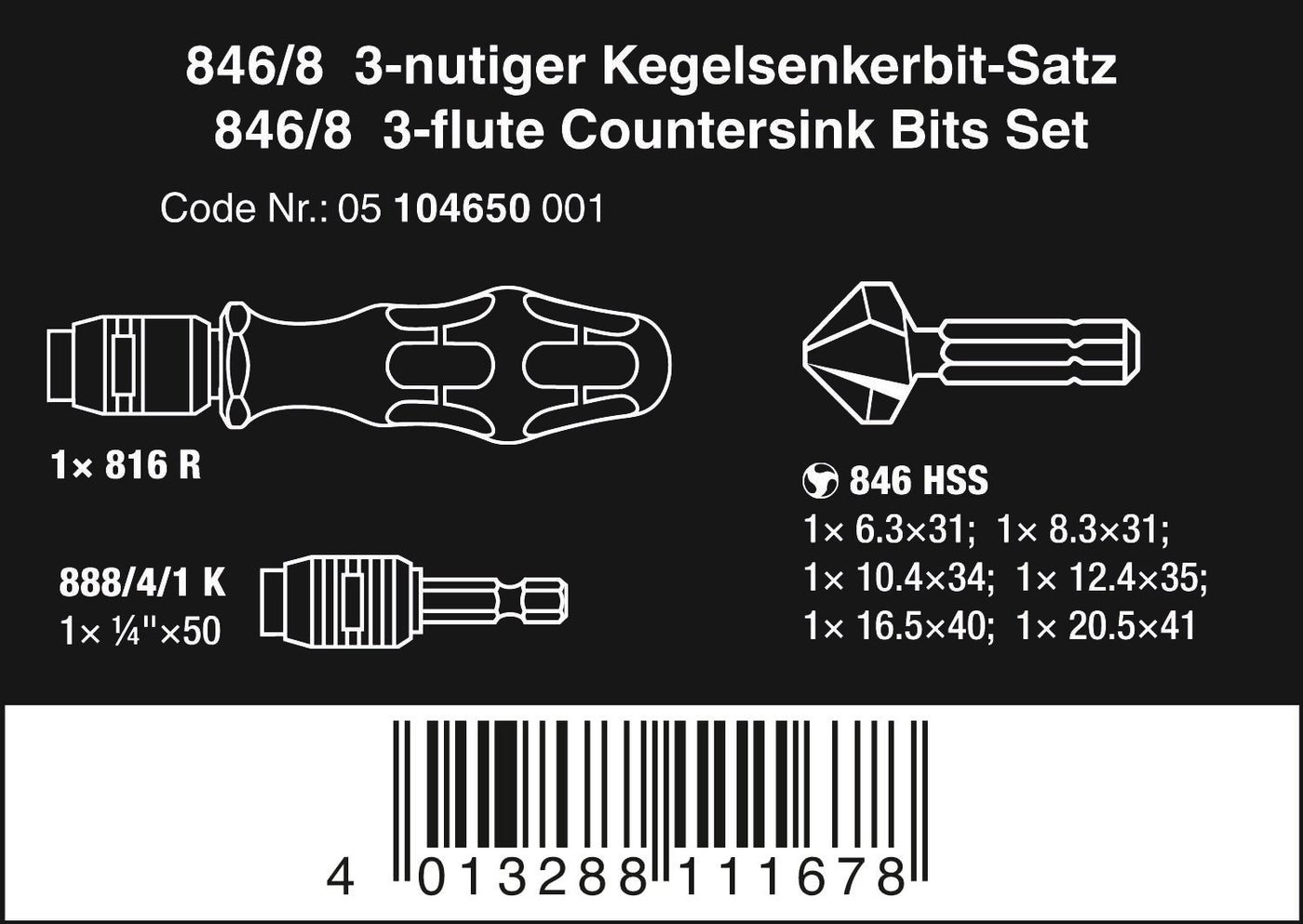 846/8 Kraftform Countersink Bit and Bit Set - 8-Piece 1/4"