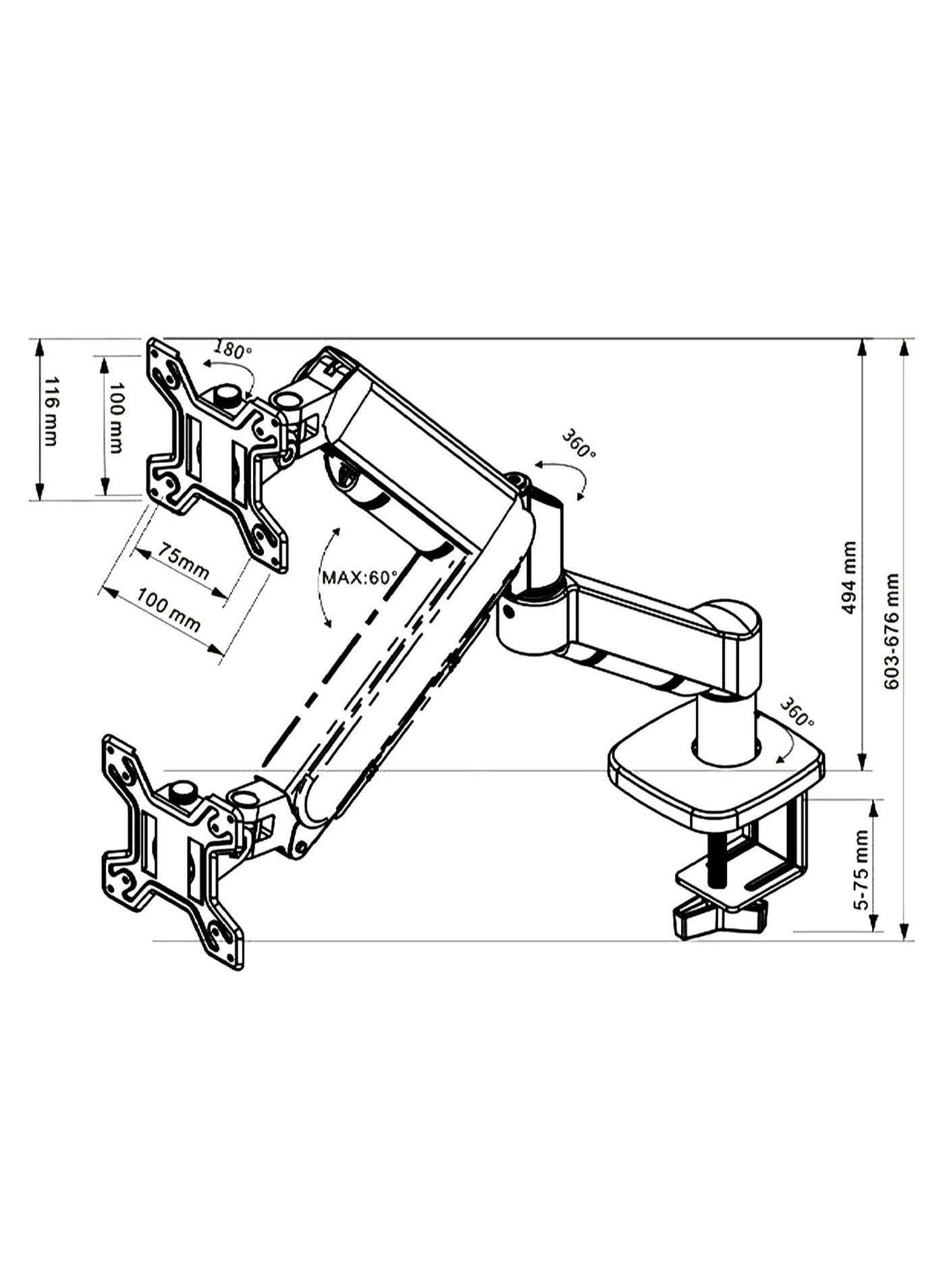 Monitor Mount Arm - Single 20 to 32 inches 75x75mm and 100x100mm