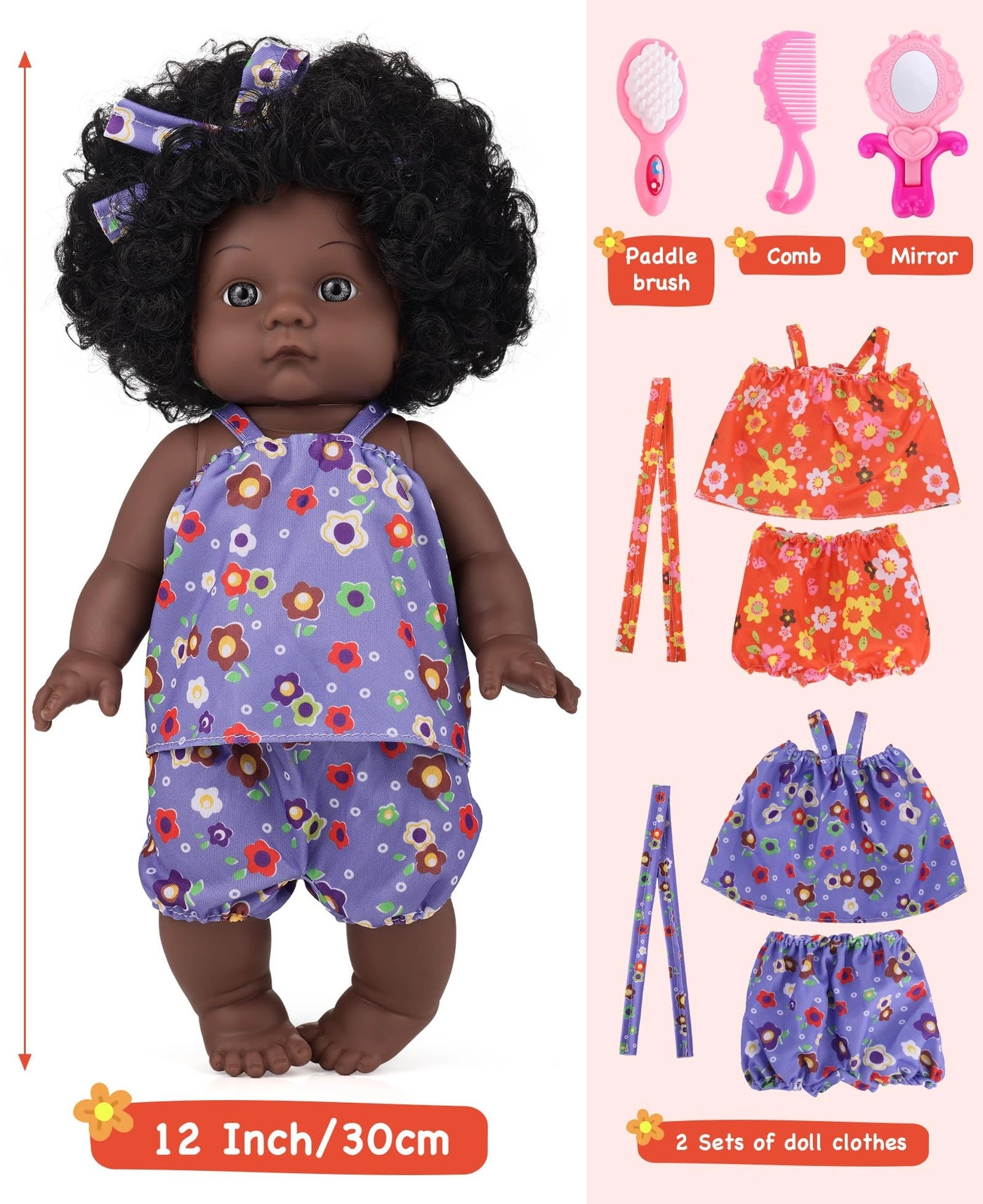 Baby Doll - 12 inch vinyl PVC Black Curly Hair 2 outfits Ages 3+