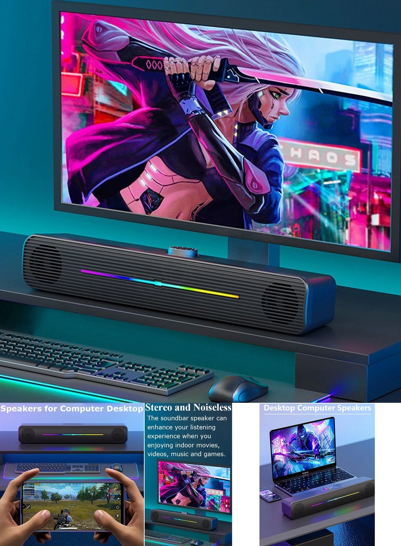 Computer /Laptop Speakers - USB-Powered 3.5mm AUX Plug Gradient RGB Lighting