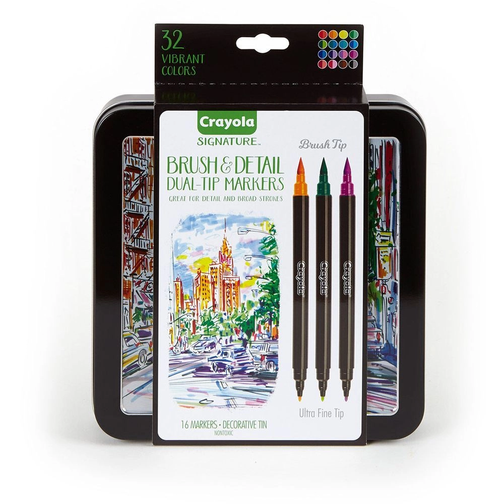 Crayola Brush & Detail Dual-Ended Markers - 32 complementary colors brush tip ultra-fine tip