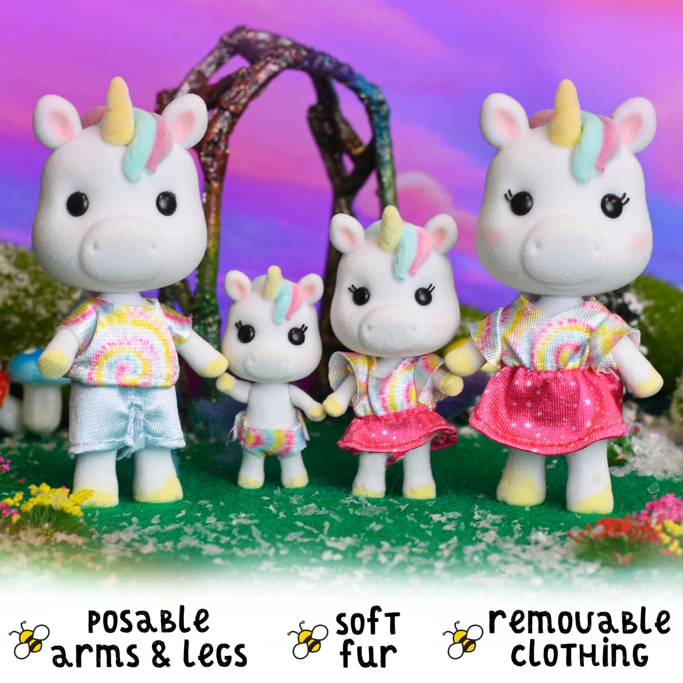 Honey Bee Acres Rainbow Ridge Daydreamers Unicorn Family - 4 Miniature Flocked Dolls Small Fantasy Collectible Figures