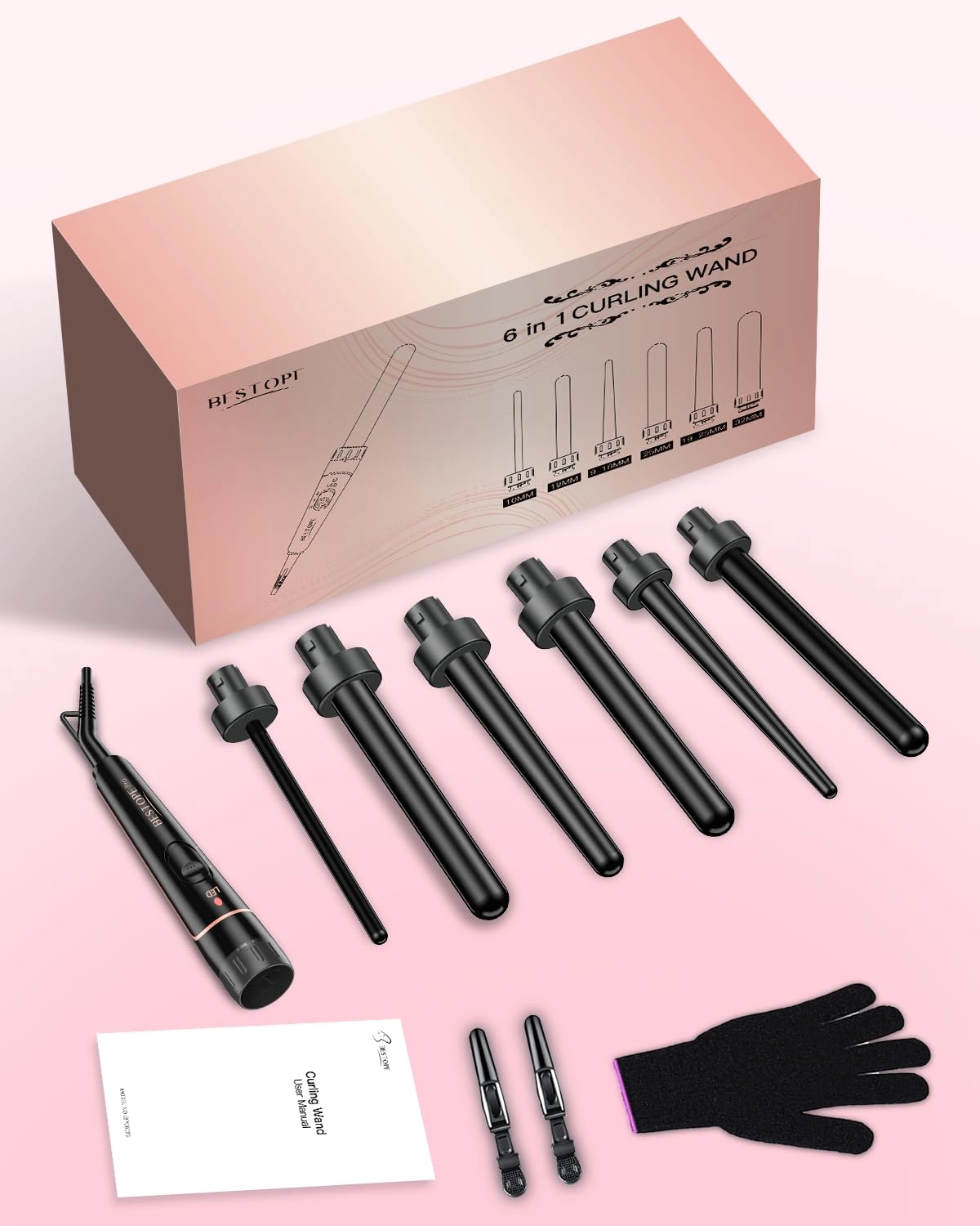 6 in 1 Curling Wand Set - 25mm 19-25mm 32mm 10mm 19mm 9-18mm