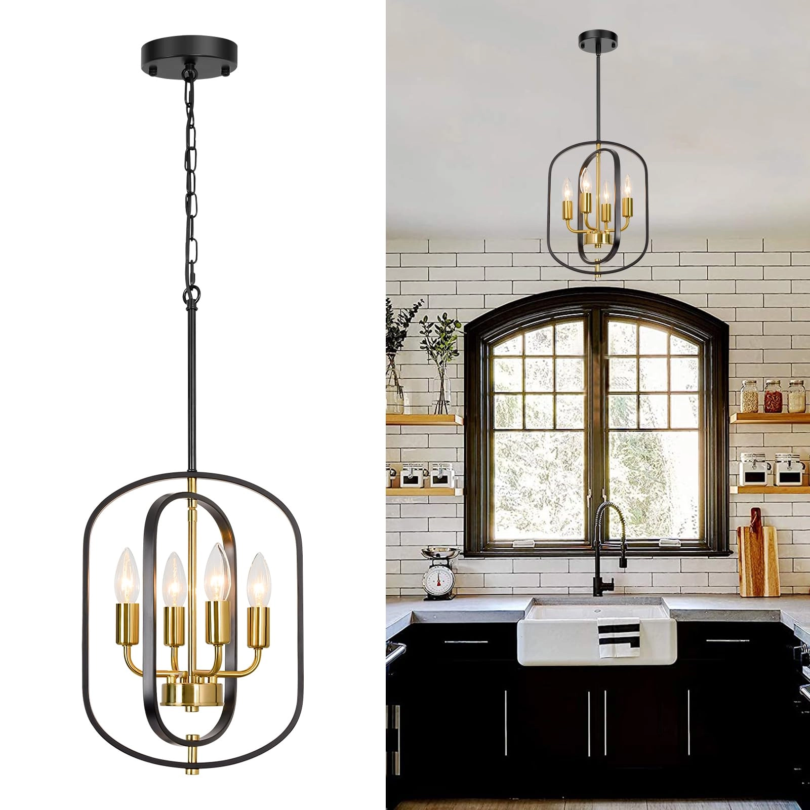 JHLBYL Dining Room Chandelier - Black and Gold 4 Lights Adjustable Height