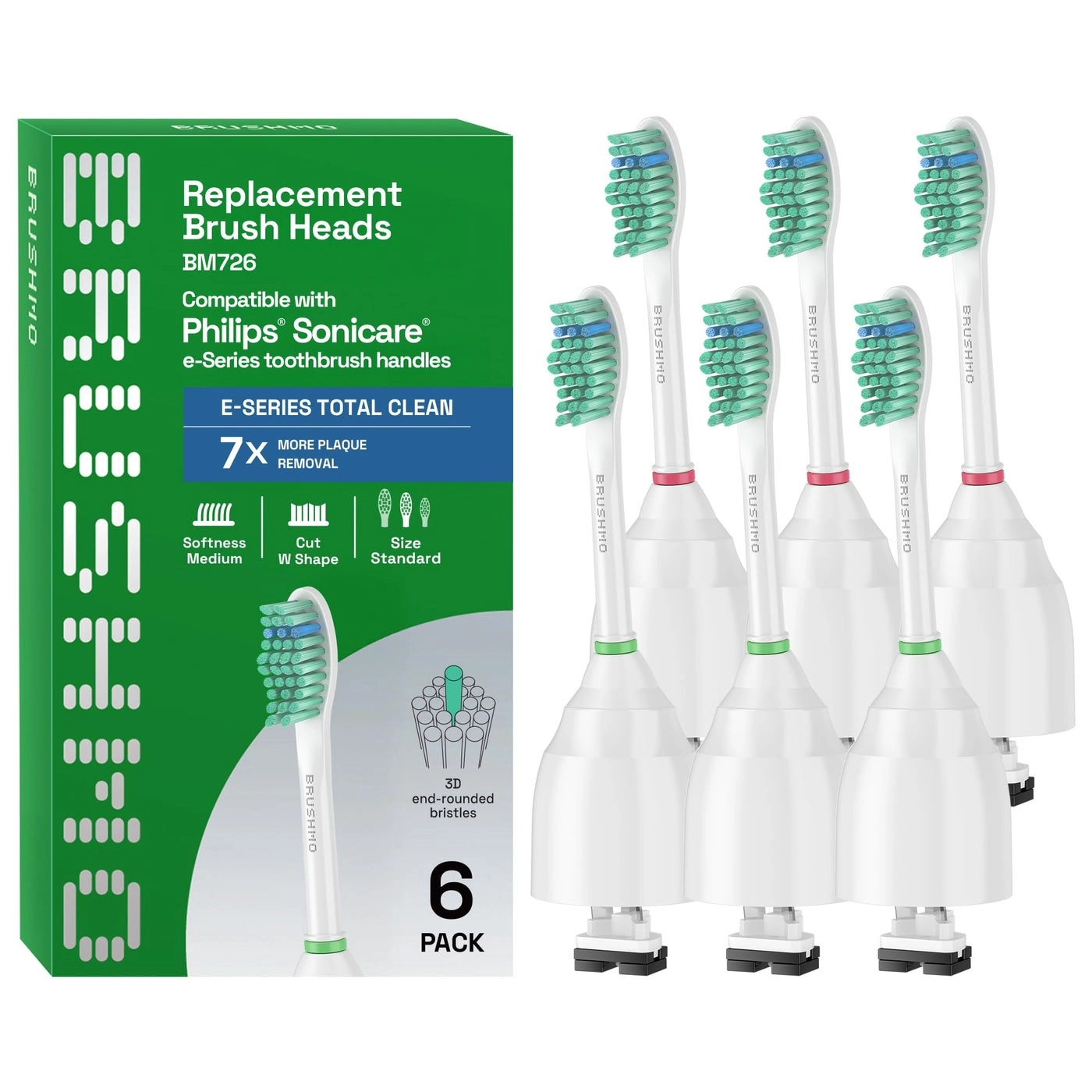 BRUSHMO e-Series Total Clean Replacement Toothbrush Heads - 6 Standard Heads Medium Firm Compatible with Philips Sonicare