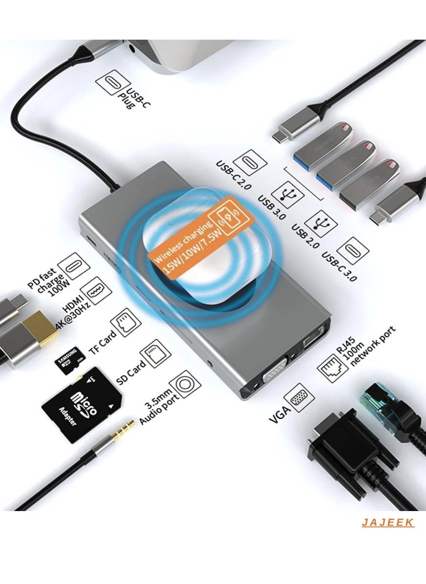USB C Docking Station - 13-in-1 Wireless Charging 4K HDMI