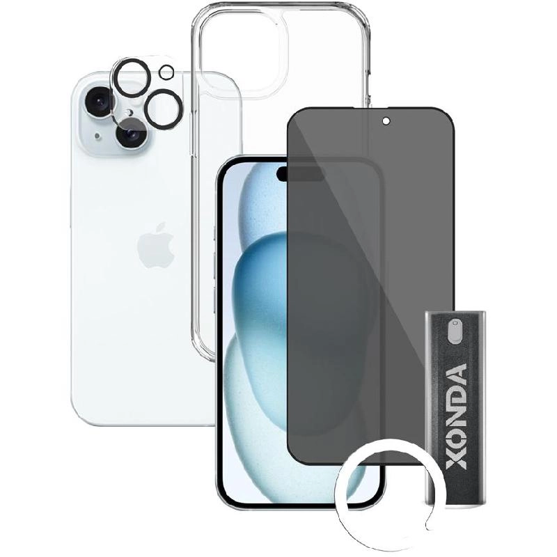 Clear Case + Tempered Glass + Camera Lens Cover + Anti-bacterial Spray for iPhone 15