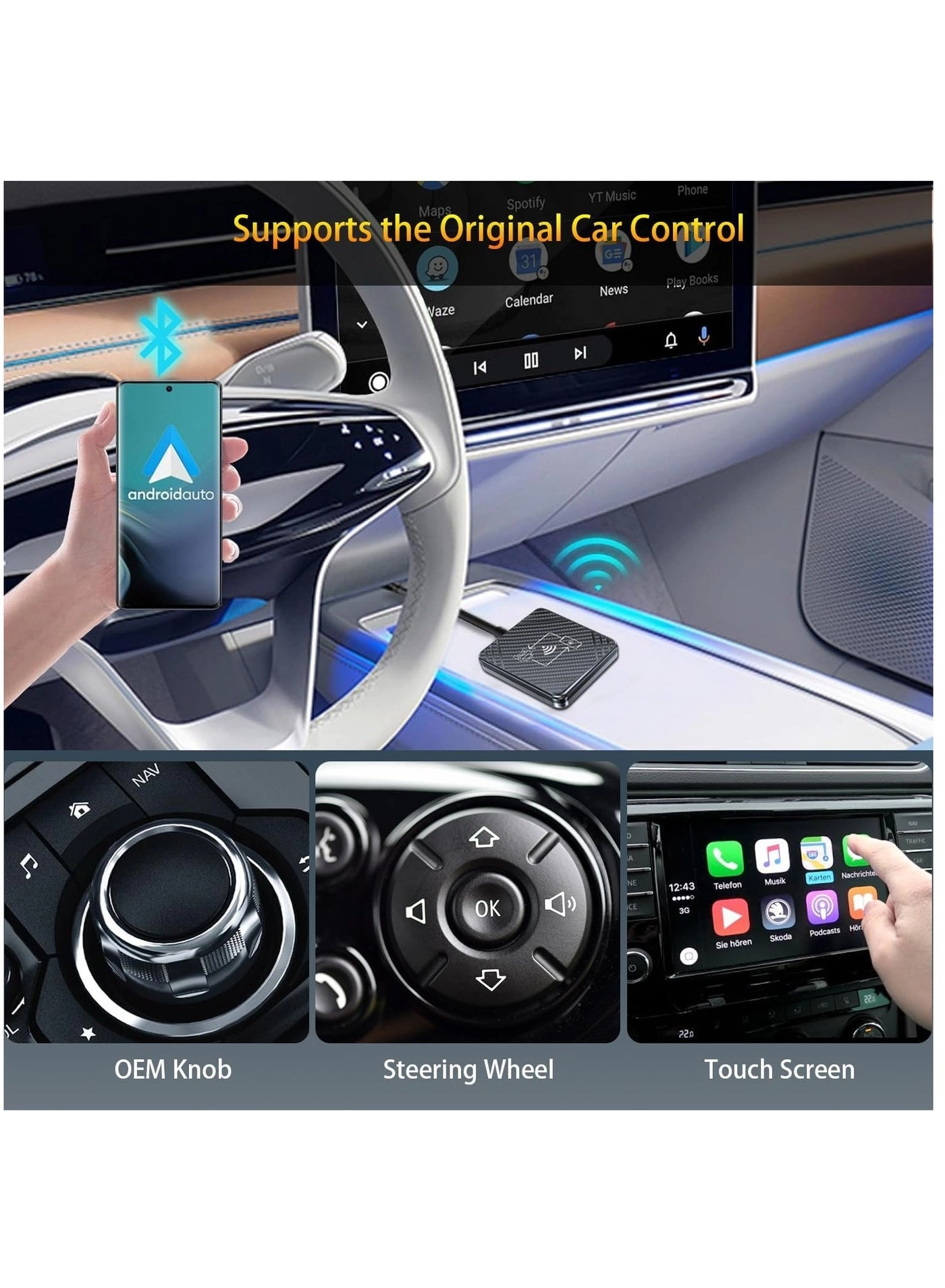Wireless Carplay Adapter & Android Auto Adapter - 2 in-1 Plug & Play Bluetooth