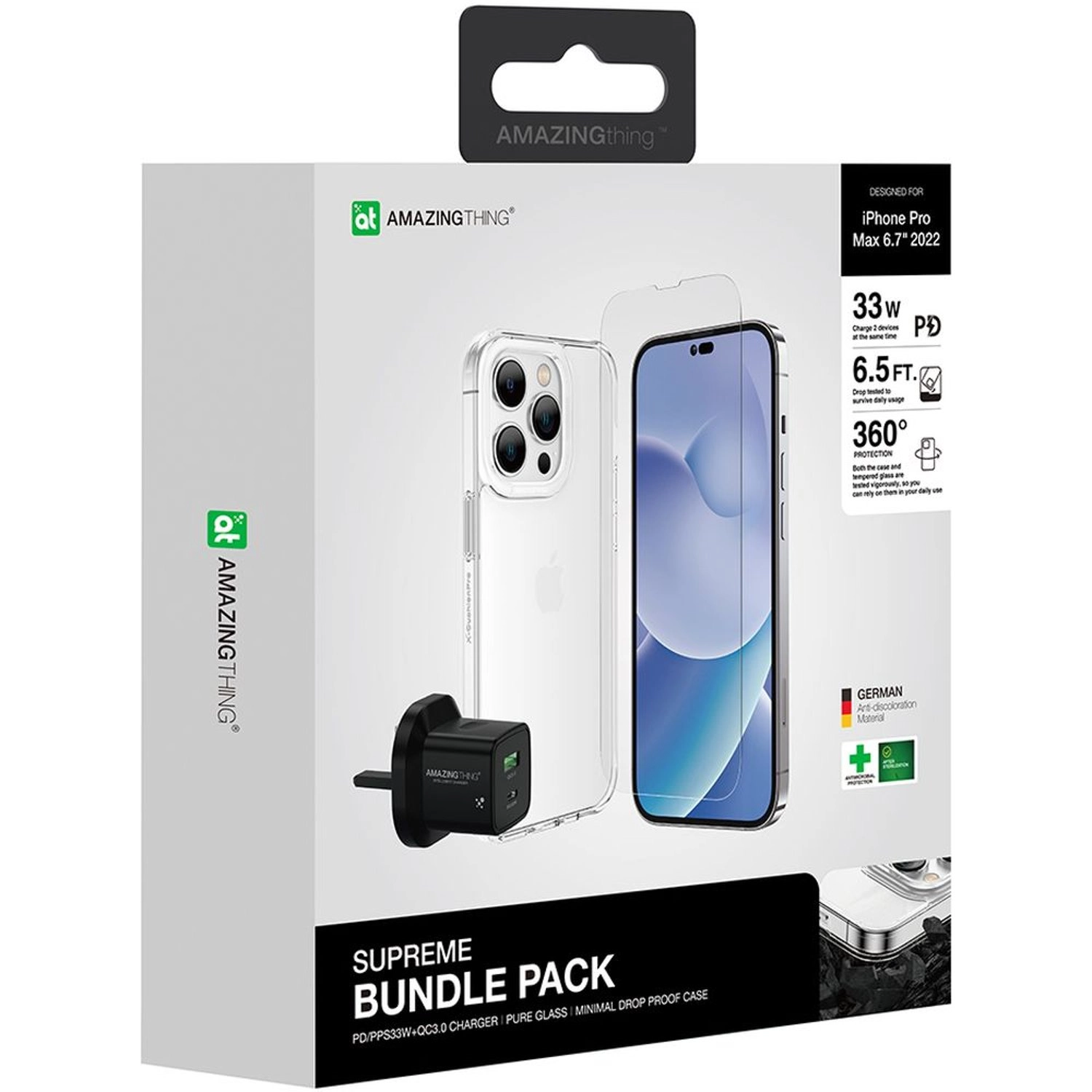 AMAZINGthing Minimal Drop-proof Case - Clear/Black + Radix Pure Glass + PD/PPS33W + QC3.0 Charger for Apple iPhone 14 Pro Max