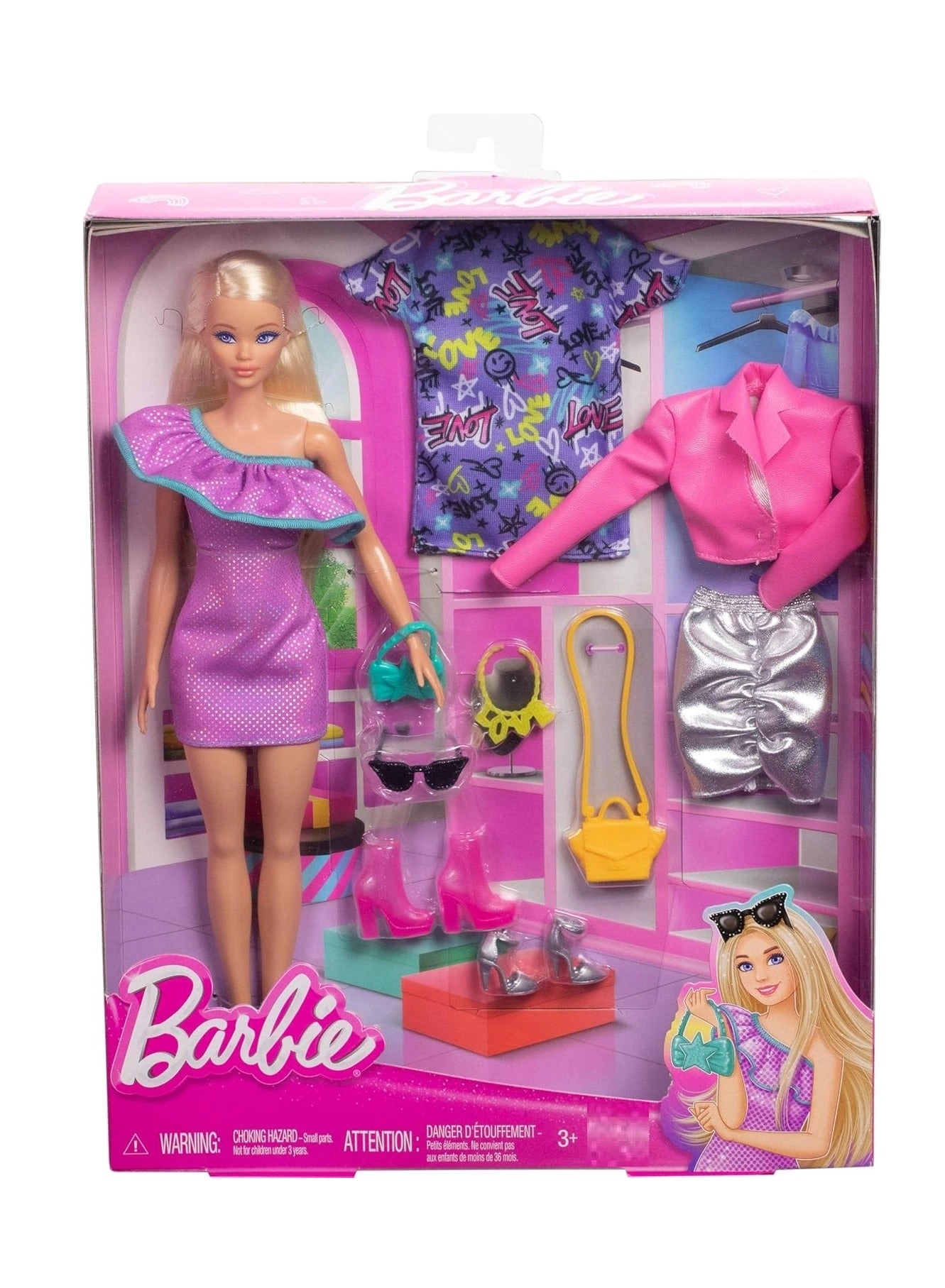 Barbie Doll and Fashions Gift Set - three complete outfits 2 handbags 3 sets of shoes
