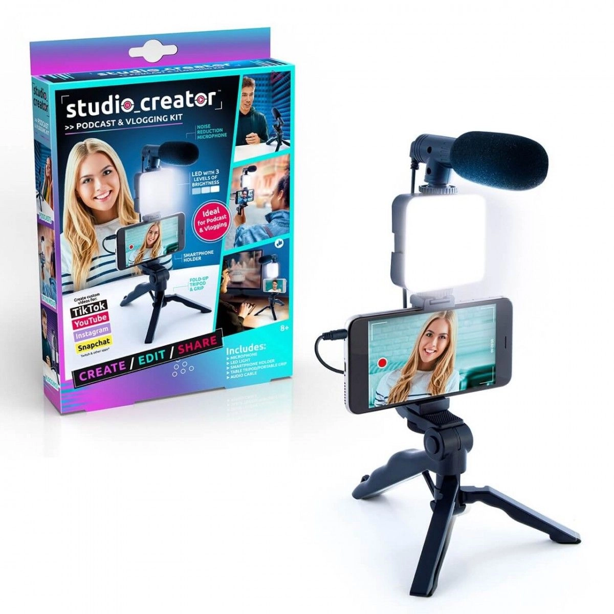 Generic condenser microphone + smartphone holder + LED light + tripod stand