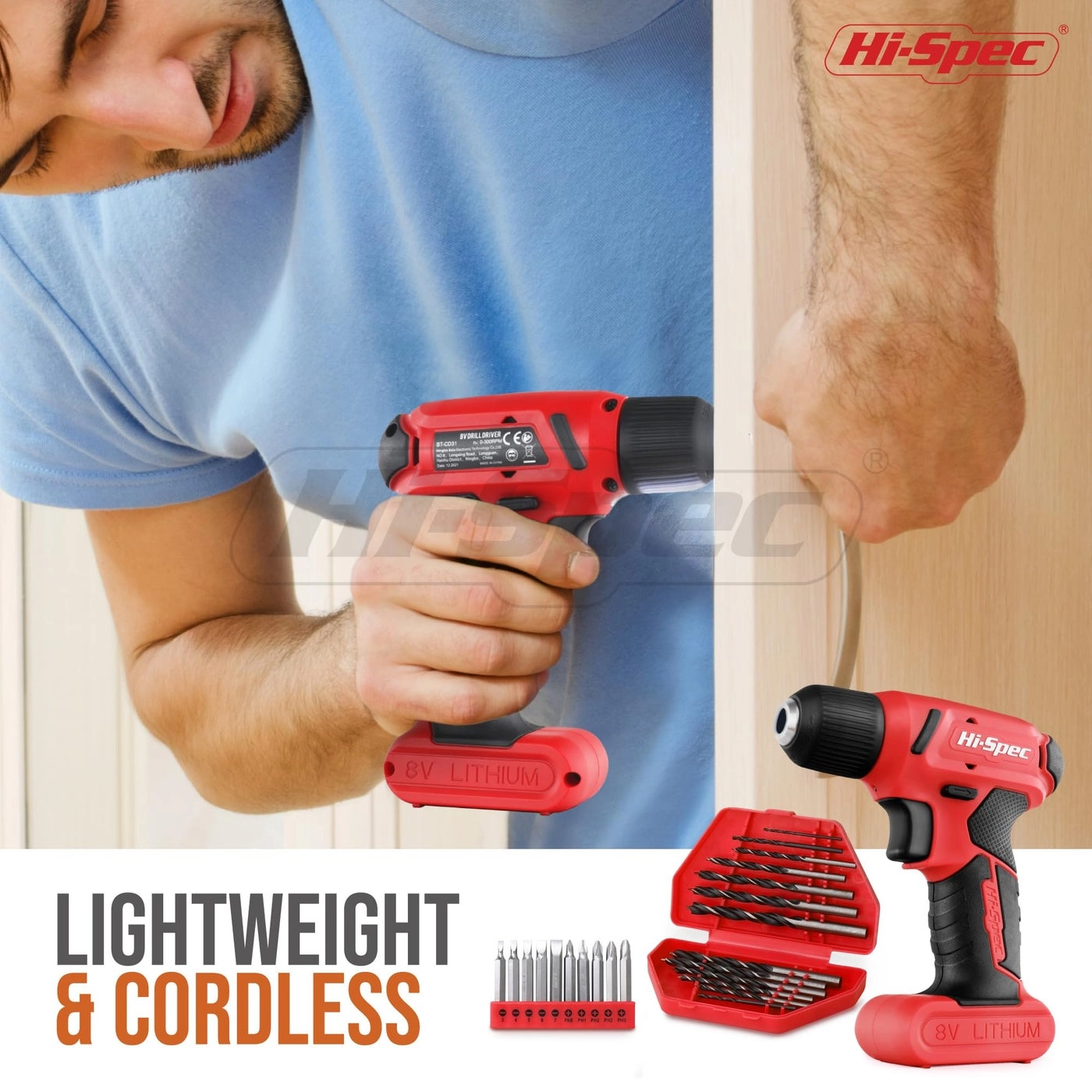 Cordless Drill Driver - 8V + Screw Driver + Drill Bit Set + Pliers + Hammer + Toolbox Case