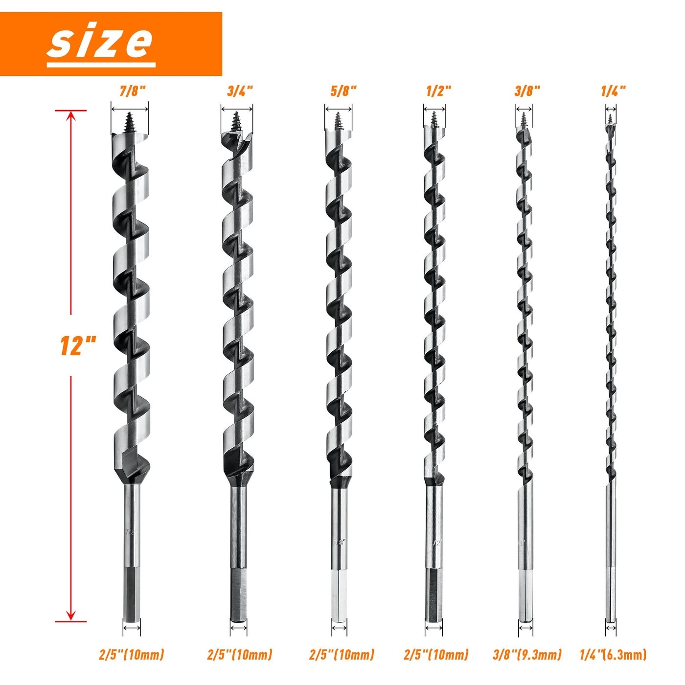 Auger Drill Bit Set - 6Pcs 12-Inch 1/4""-7/8"" Hex Shank