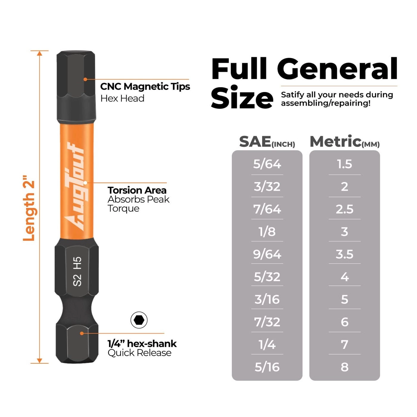 Impact Hex Bits Set - 10pcs 2”