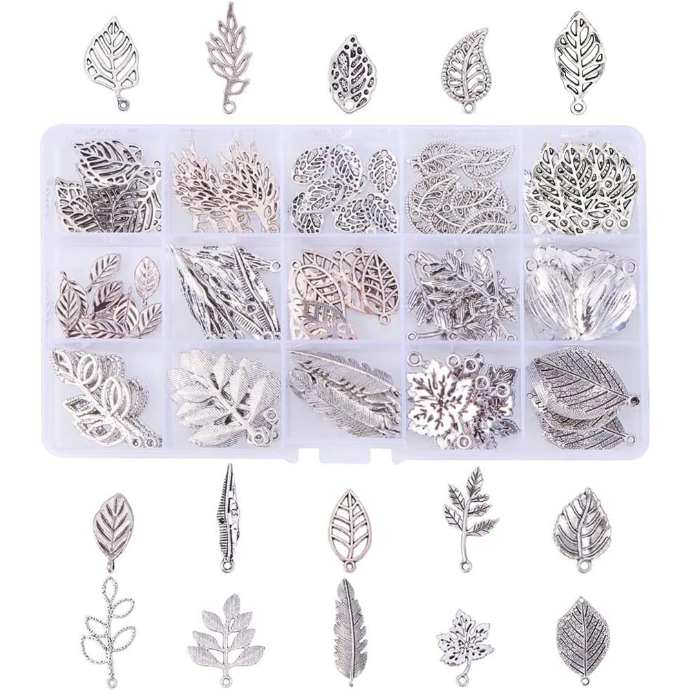 PH PandaHall leaf charms - 150pcs 15 Style Antique Silver