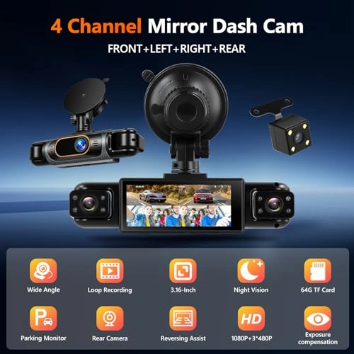 4 Channel Dash Cam Rear View Mirror - 1080P 30FPS + 64GB TF Card