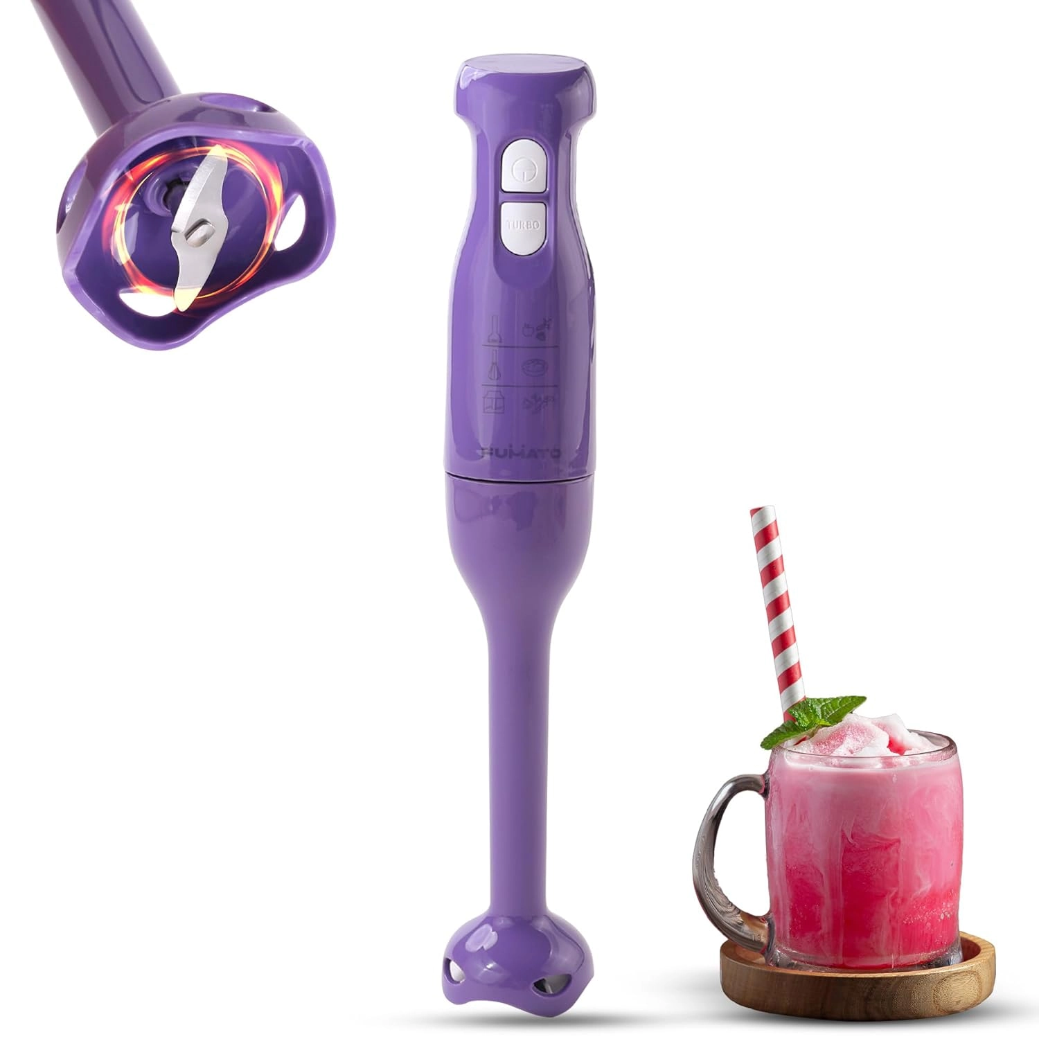 FUMATO Hand Blender - Stainless Steel Blade Detachable Body 2 Speed Modes Purple