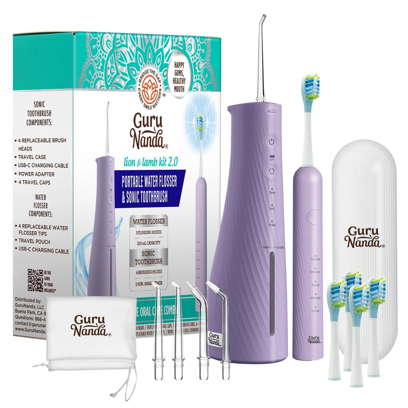 Lion & Lamb Kit 2.0 - 4 Brush Heads Lavender + Water Flosser - 4 Jet Tips IPX7 Waterproof