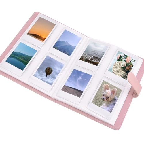 PU leather case - Pink + Album - 128 pocket + Film sticker - 120 sheets + Plastic desk frame - 10 pieces + Hanging frame - 20 pieces + Neck strap - rainbow + Color filter - 4 pieces