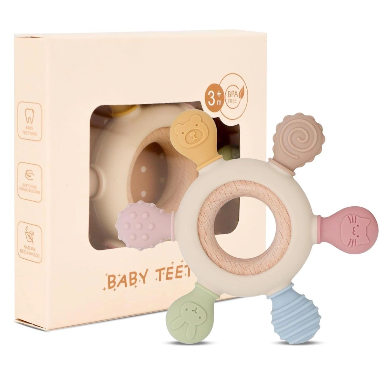 2 in 1 Teether - Beech Wood, Silicone