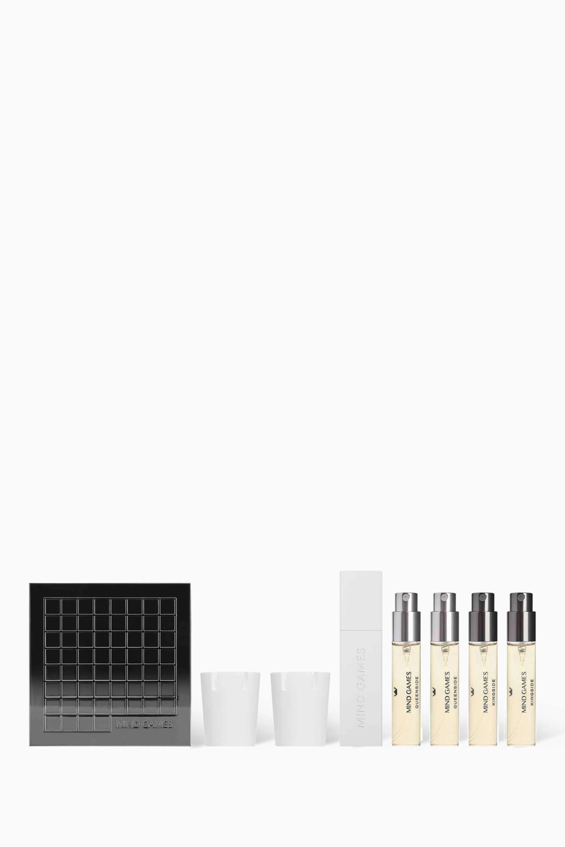 Mind Games Kingside Extrait de Parfum - 2 x 7.5 ml + Queenside Extrait de Parfum - 2 x 7.5ml + White Zamac Atomiser Case + Display Stand + Ceramic Diffusers