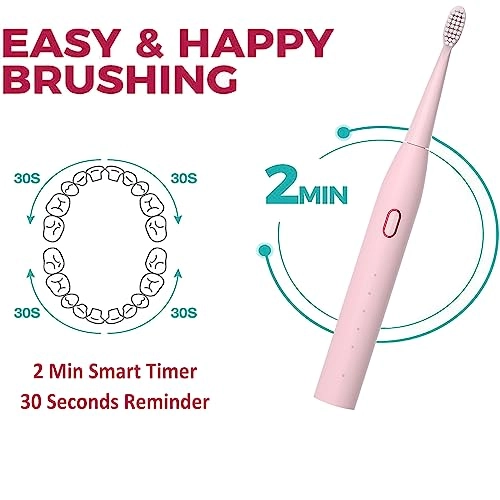 Sonic Tooth Brush - 5 Brushing Modes 4 Replaceable Brush Heads Pink