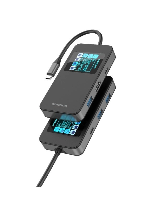 Porodo 6-in-1 Multi-Port USB-C Hub - Smart Digital Display 4K@60Hz 100W Power Delivery