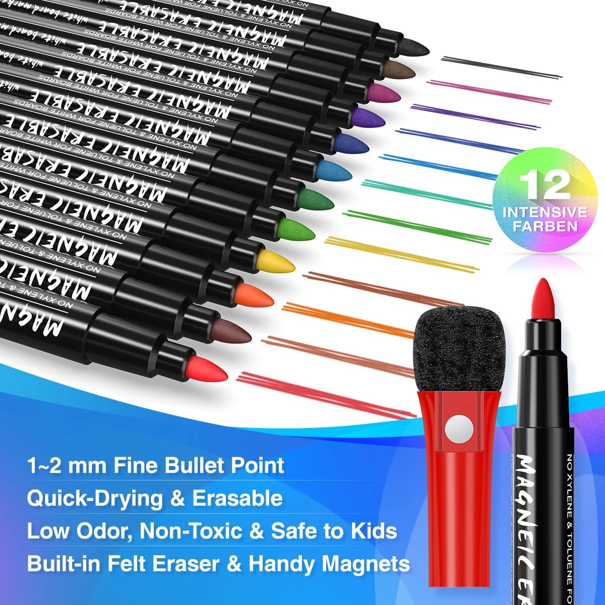 Whiteboard Pens - 12 Pack 9 Colours Fine