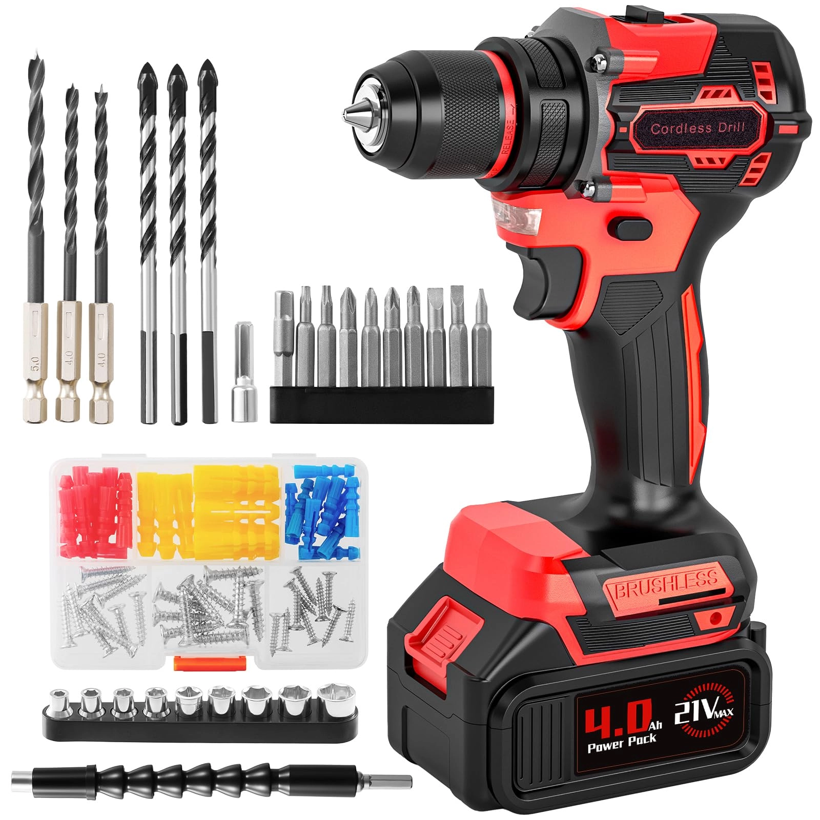 KELNOW Cordless Brushless Power Drill - 4000 Milliamp Hours