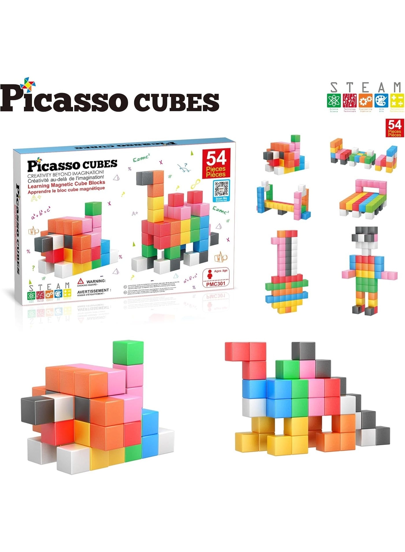 PicassoTiles Magnetic Cubes Learning Blocks - 3+ Years 54 pieces