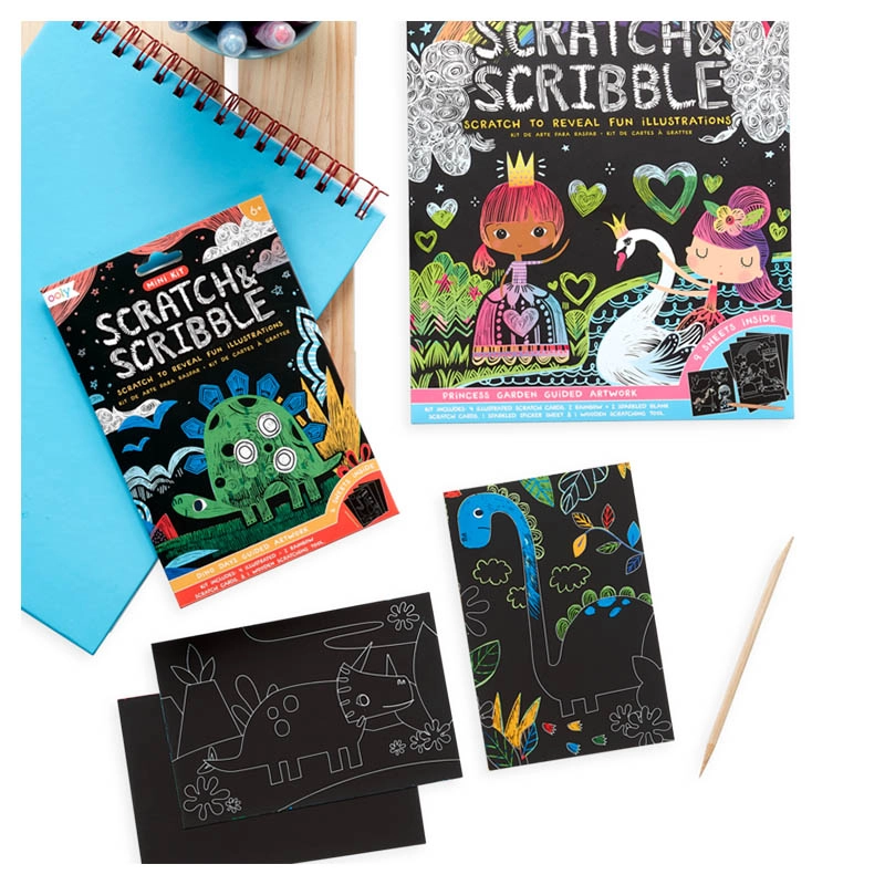 Mini Scratch & Scribble Art Kit - 4 illustrated scratch cards (4 x 6 inches) 2 rainbow DIY blank scratch cards (4 x 6 inches) 1 wooden stylus