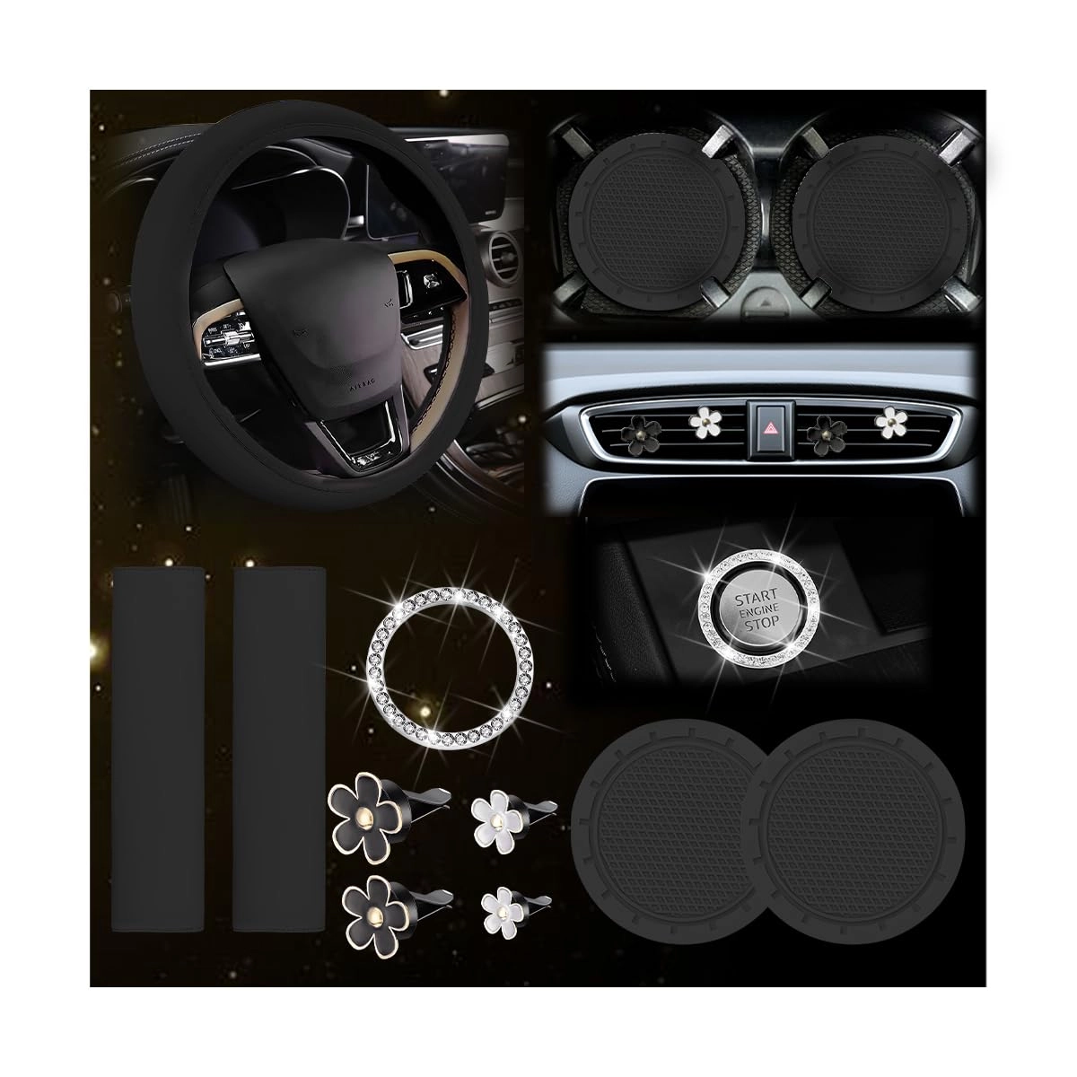 KHGUZ Steering Wheel Cover + Seatbelt Protector + Cup Holder Coaster + Push Start Button Cover + Air Vent Clip