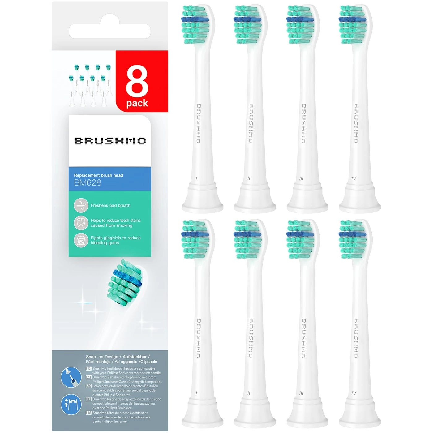 BRUSHMO BM628 - 8 Compact Heads Soft Dupont Bristles