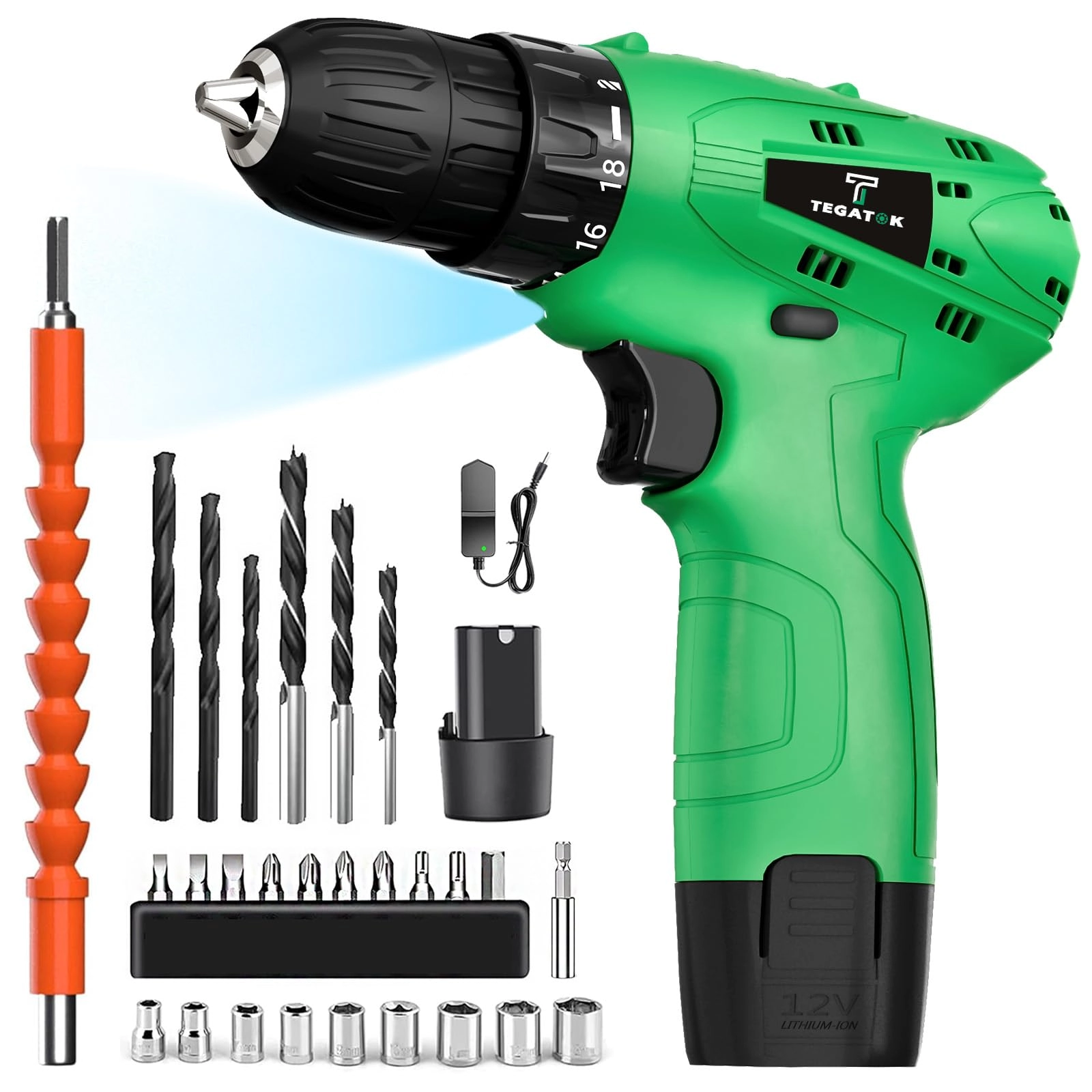 Tegatok Cordless Drill Set - 1500 Milliamp Hours 12 Volts