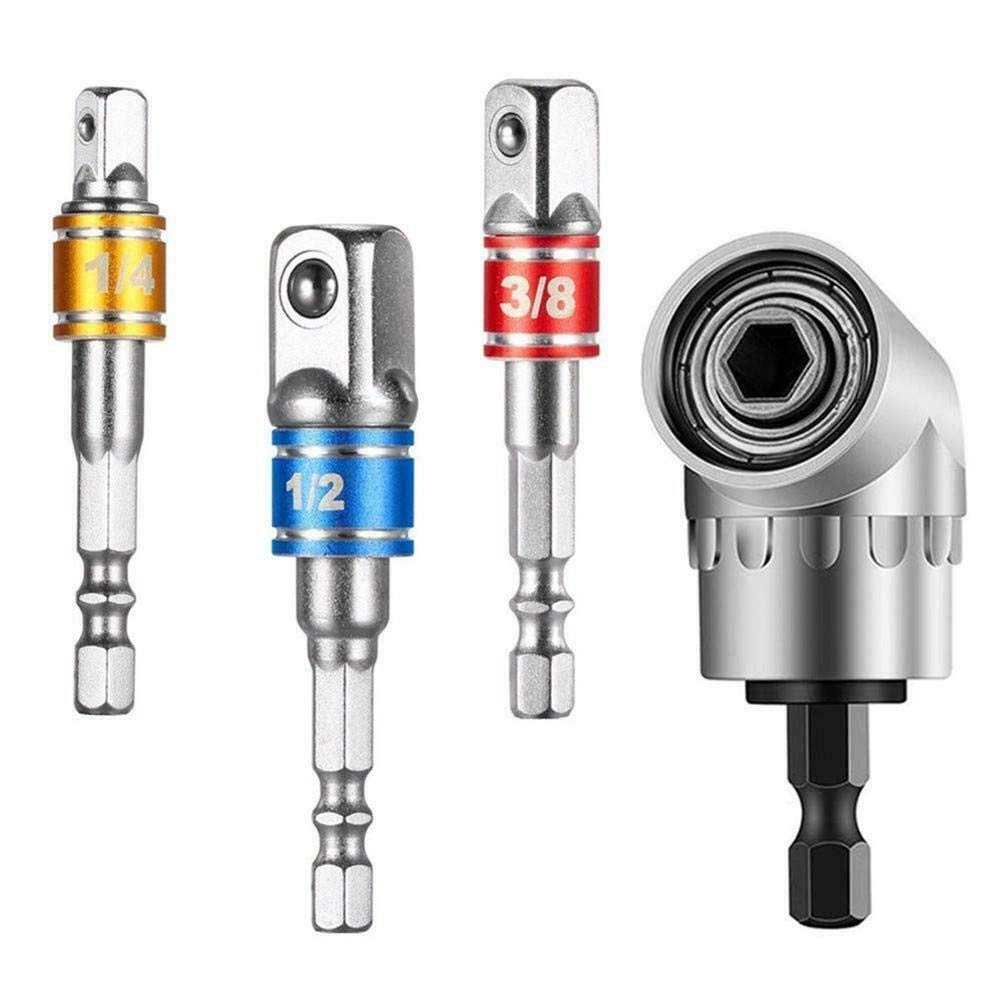 CEFEPH 1/4 Hex Shank to 1/4 Socket Adapter - 1/4" + 1/4 Hex Shank to 3/8 Socket Adapter - 3/8" + 1/4 Hex Shank to 1/2 Socket Adapter - 1/2" + 105 Degree Right Angle 1/4 Hex Screwdriver - 60 x 31mm