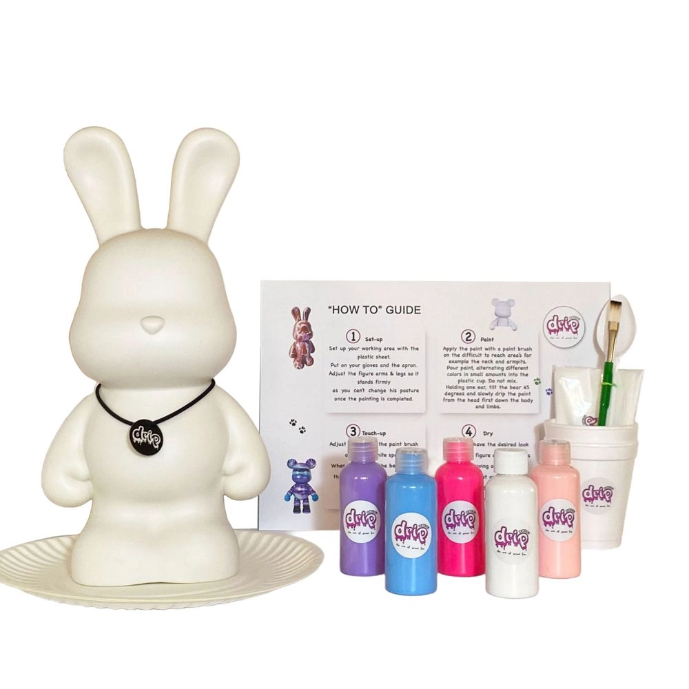 DIY Bunny Fluid Acrylic Pouring Paint Kit - 5 acrylic paints 2 oz/60 ml each; apron; clear cups; plate; gloves; paintbrush; pipette; spoon; table sheet