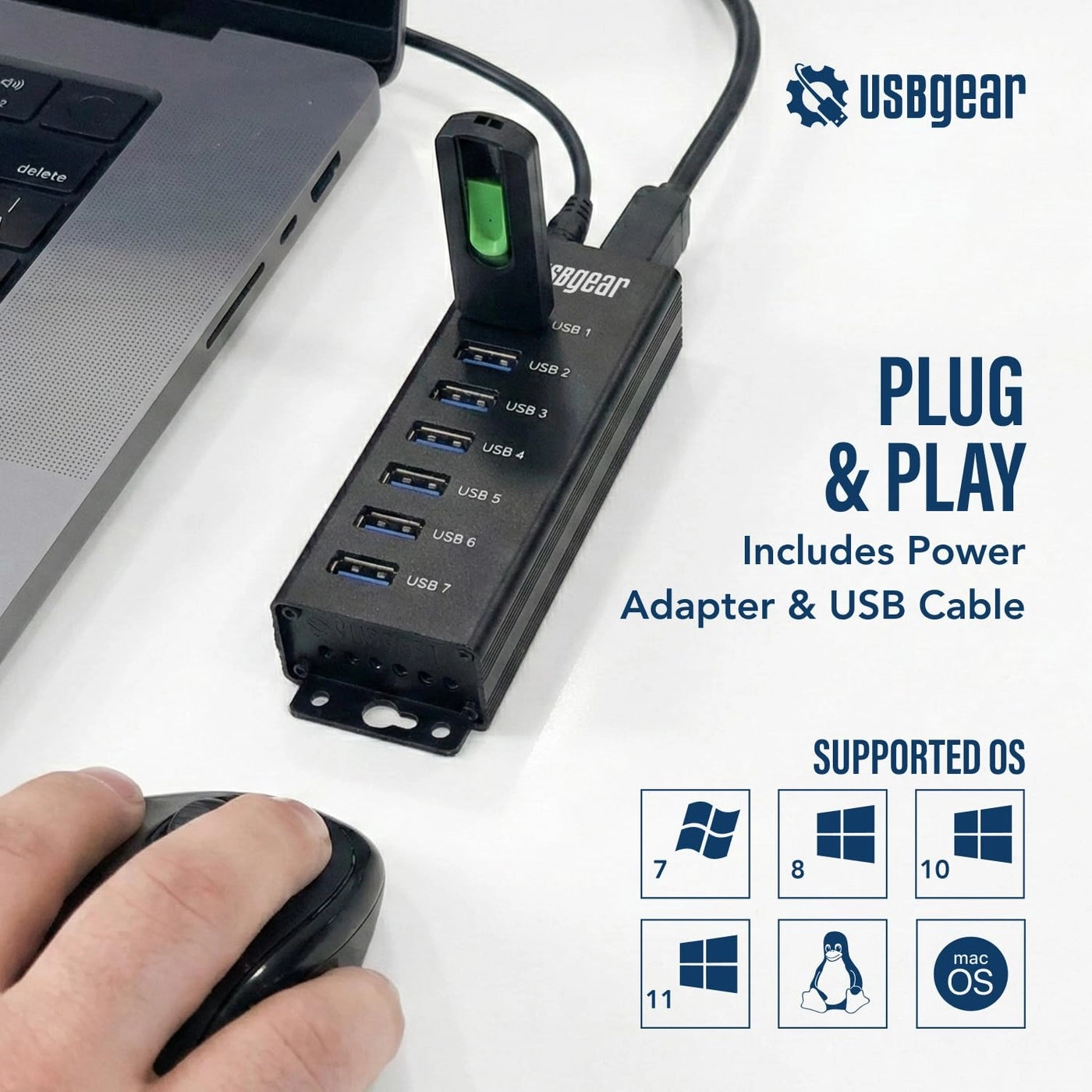 7-Port USB 3.0 Mountable Charging and SuperSpeed Data Hub - 5V/4A Power Adapter Up to 900mA per Port Charging