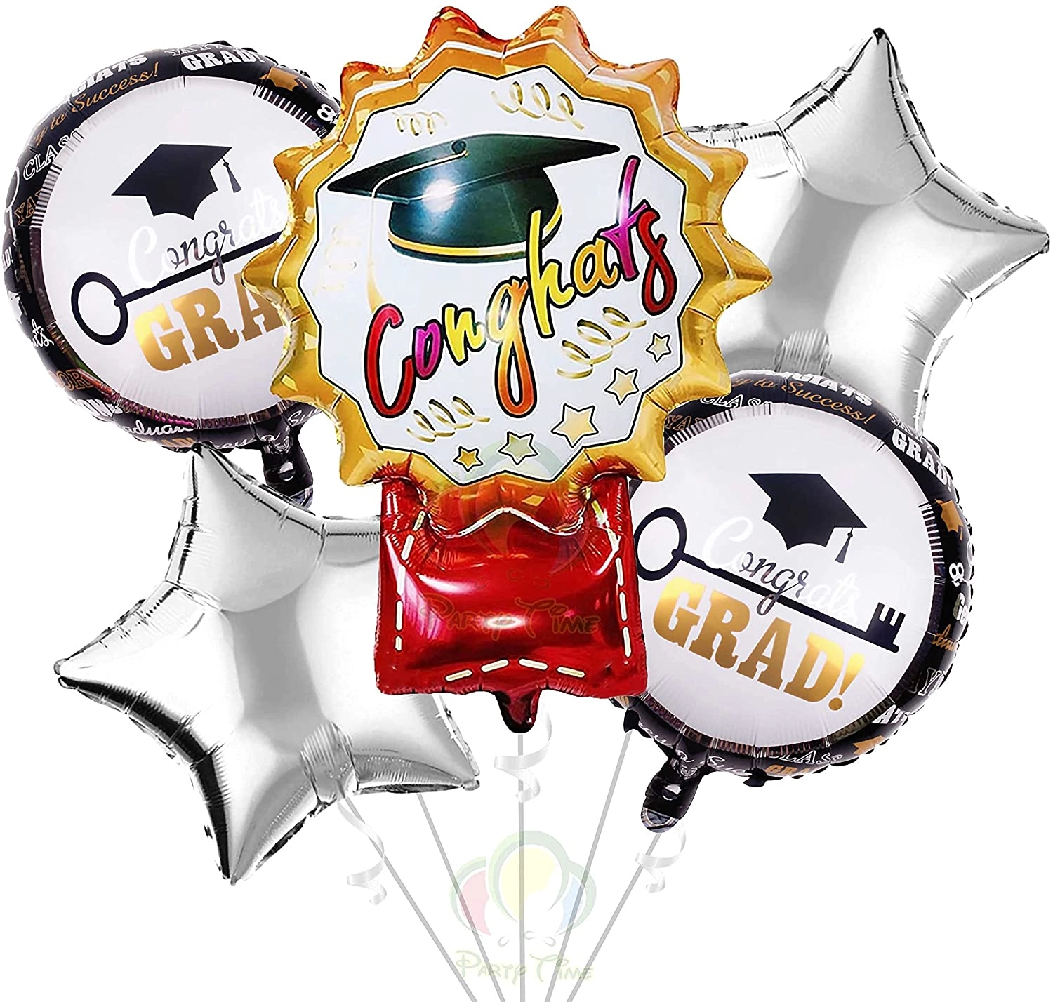Party Time Trading LLC Award Tag Congrats Grad Foil Balloon + Congrats Square Foil Balloon + Silver star Foil Balloon - 5-Pieces Graduation