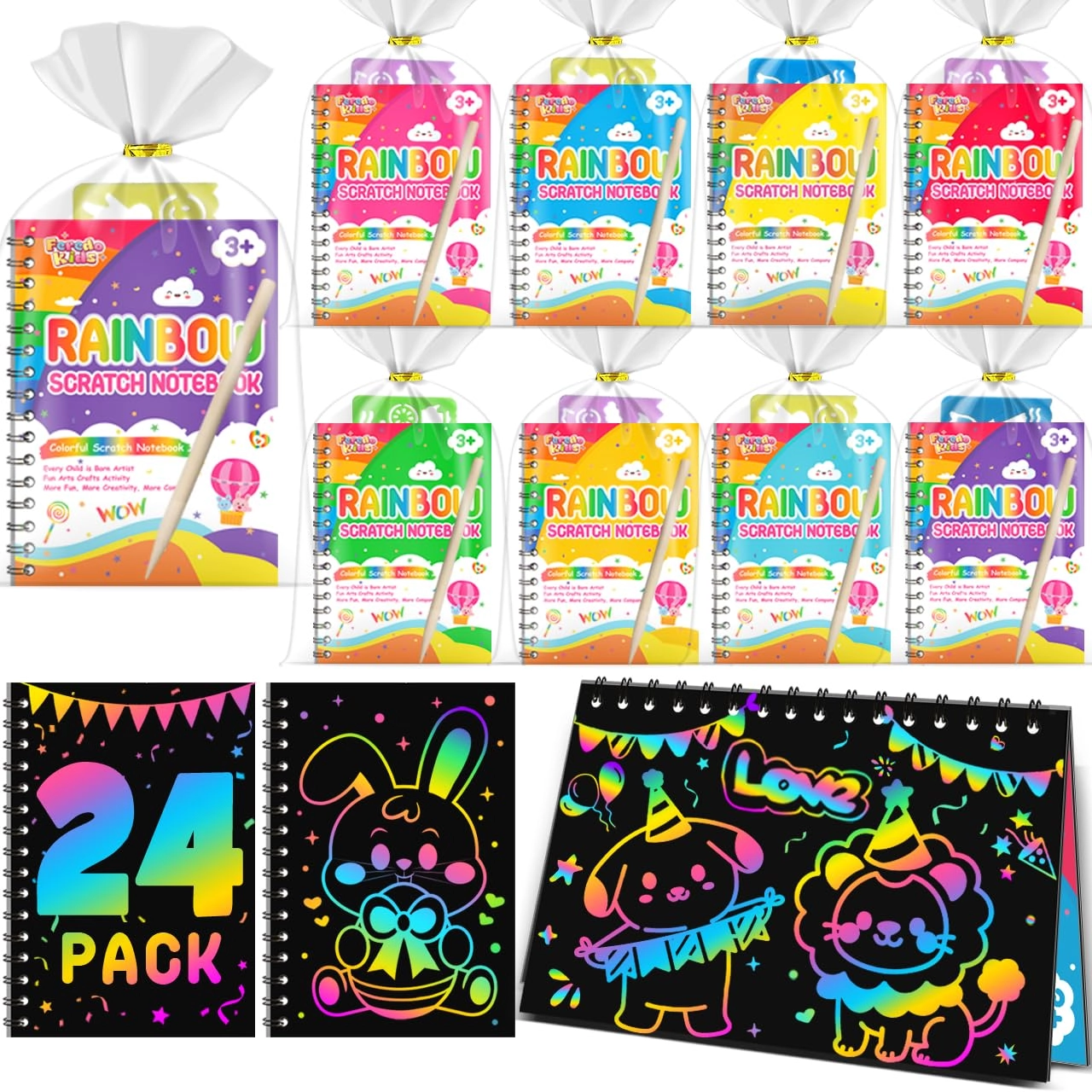feredo kids Rainbow Scratch Notebook - 24 Pack wooden styluses drawing stencils