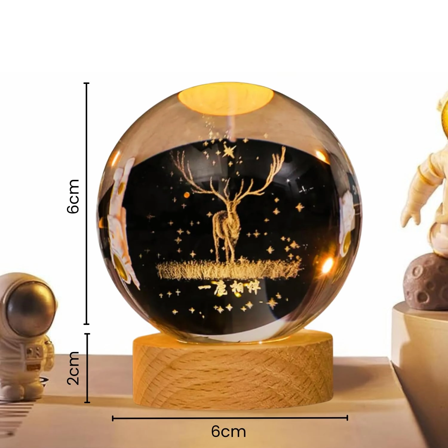 3D Engraved Deer Crystal Globe Lamp - Warm White USB Wooden Base