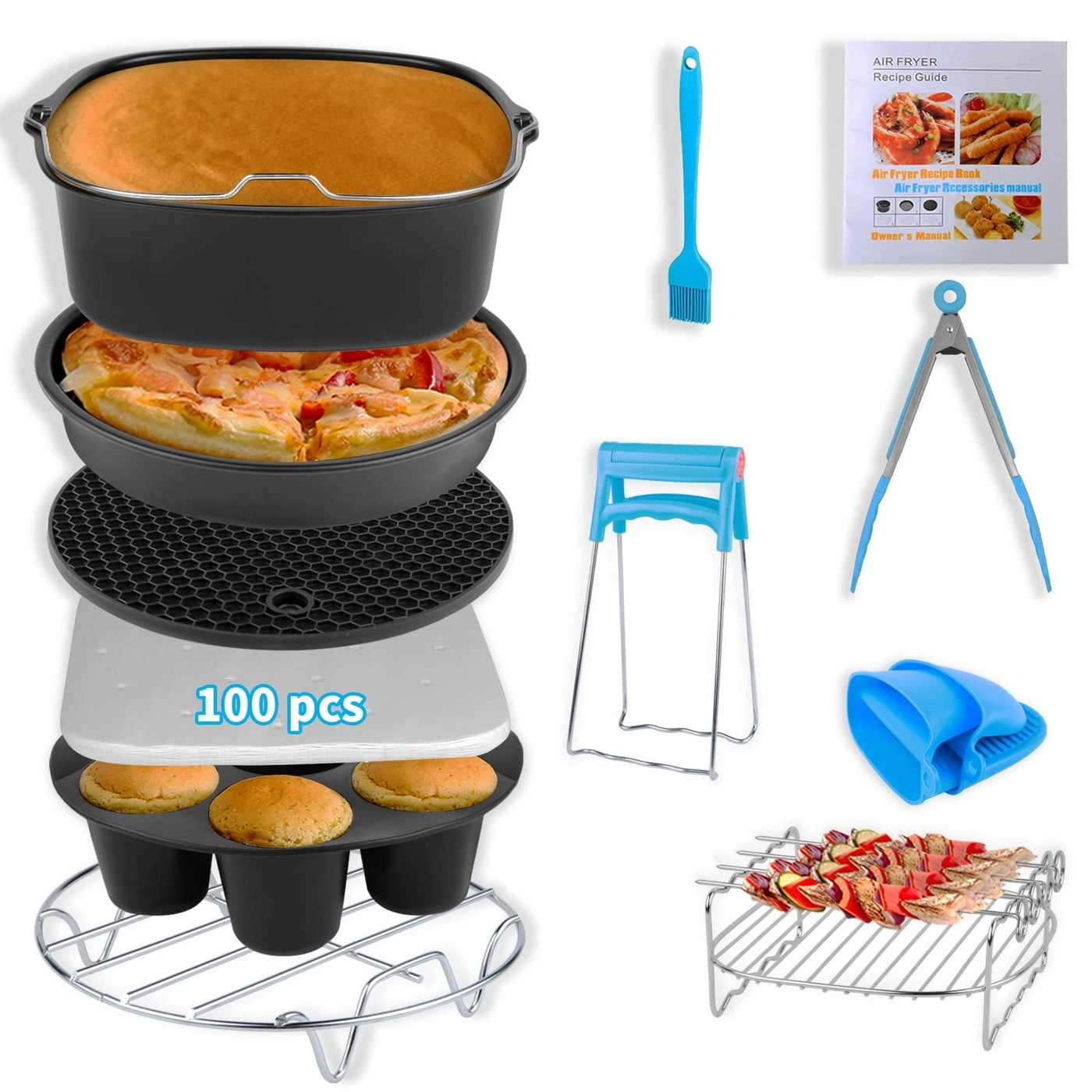 Runeaoys Cake Barrel + Pizza Pan + Cupcake Pan + Metal Holder + Skewer Rack + Silicone Mat + Food Tong + Oil Brush + Air Fryer Liners + Plate Gripper + Silicone oven gloves + Air Fryer Recipe Cookbook - Food grade 304 stainless steel and silicone 12 pcs
