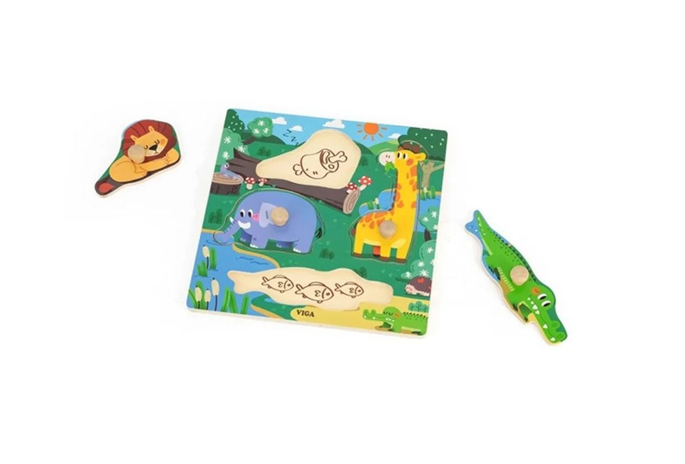 VIGA Wooden Knob Puzzle - Wild Animals - Suitable for 12 months and above 4 pieces