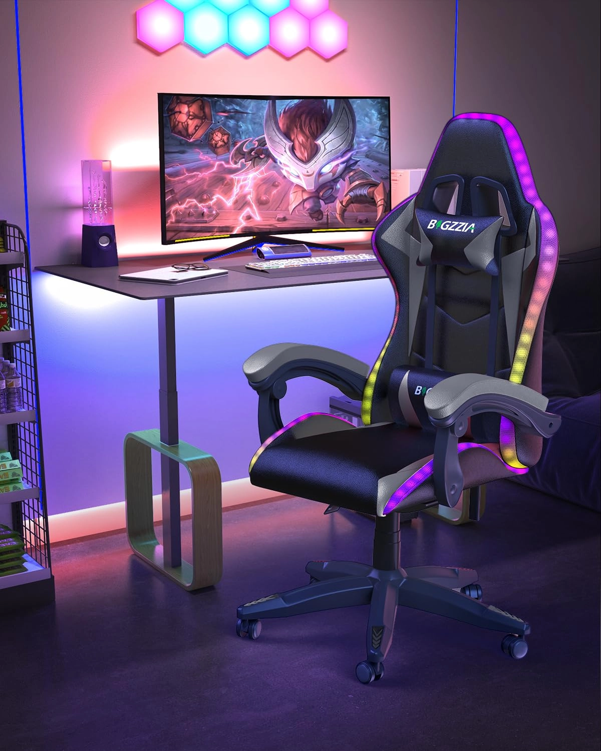 white LED gaming chair - RGB Reclining PU Leather