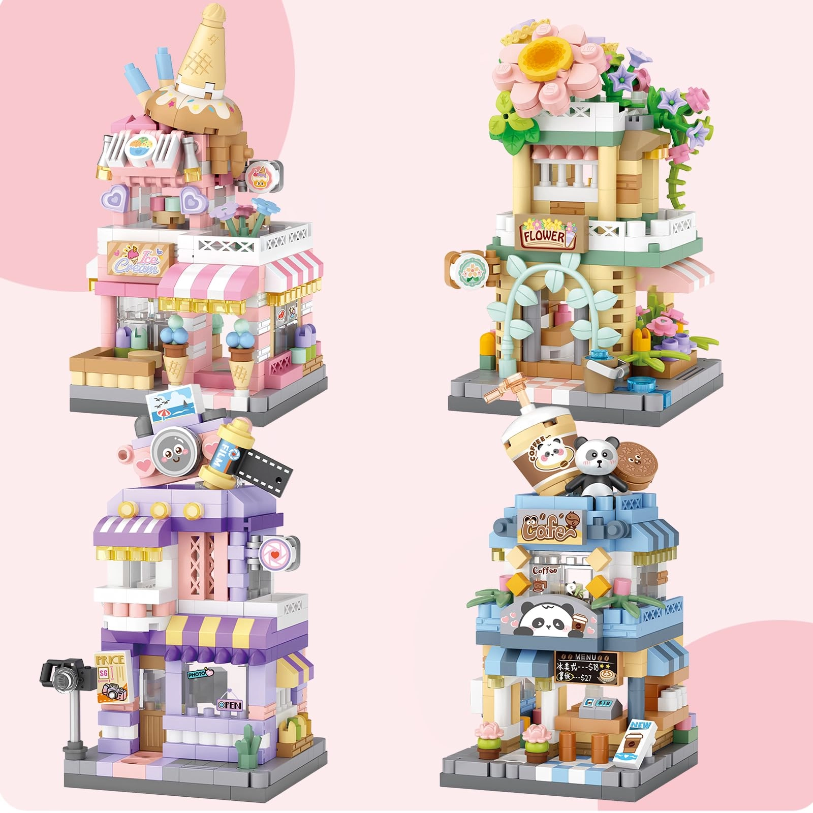 MEIEST Ice Cream Parlor - 400 pcs + Panda Cafe House - 410 pcs + Photo Studio - 350 pcs + Flower Shop - 390 pcs