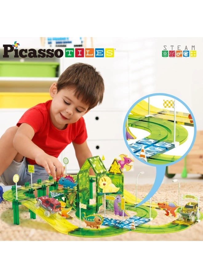 Dinosaur Magnetic Tile Race Car Track - 89 pcs