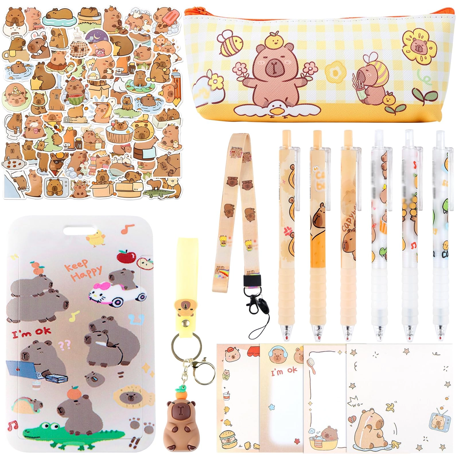 Ainvliya Pencil Case + Cartoon Sticky Notes + Anime Gel Pens + Bookmarks + Stickers + Keychains + Card Holder