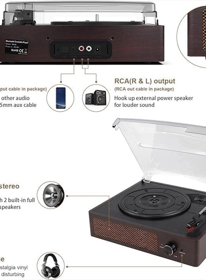 Record Player Turntable - Built-in Bluetooth 3-Speed 2 Stereo Speakers