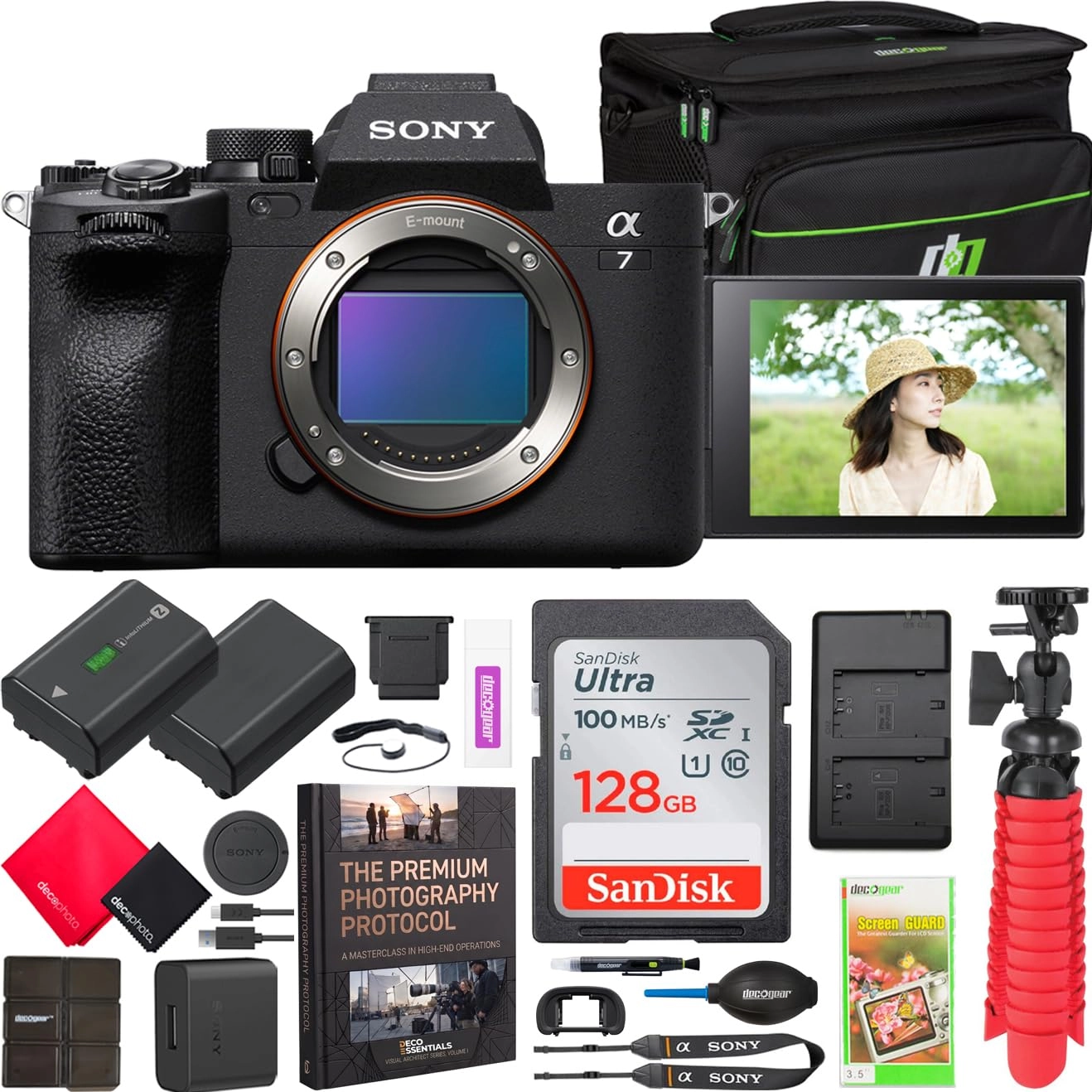 Sony a7 IV + Photography Camera Bag Travel Case + 50" Adjustable & Folding Professional Tripod + Replacement Compatible Battery for NP-FZ100 + External Dual Charger + 12" Tabletop Vlogging Tripod/Grip 2 in 1 + PC Software + 1066x 64GB SDXC UHS-I Cards (128GB) + Dust Blower + Lens/Sensor Brush Pen + Screen Protectors + 2 Pack Microfiber Cloths + Lens Cap Keeper + Card Reader + Card Case