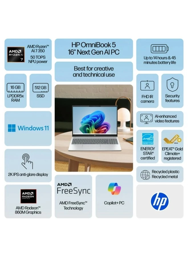 Omnibook 5 - 16'' 512GB 8GB Ryzen AI 7 350